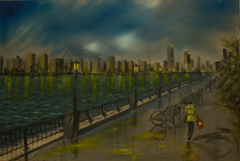This painting is an articulation of light and shadows on an overcast day.  Bad weather cannot stop a lady from doing her shopping!